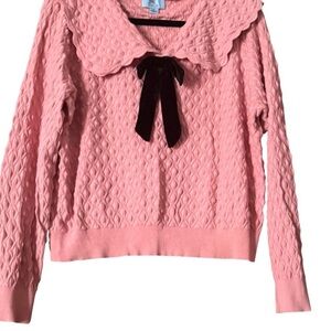 CeCe Pink Crew Neck Sweater with Cable Knit and Bow